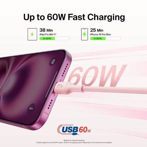 Belkin BoostCharge USB-C to USB-C Cable (1M) - Pink (CAB023fq1MPK), 3A/60W, 480Mbps, 300K+ Bends, Apple, Samsung, USB-IF Certified, 2 Years Warranty - Image 2