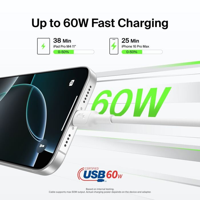 Belkin BoostCharge USB-C to USB-C Cable (1M) - White (CAB023fq1MWH), 3A/60W, 480Mbps, 300K+ Bends, Apple, Samsung, USB-IF Certified, 2 Years Warranty - Image 2