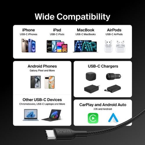 Belkin BoostCharge Pro Braided USB-C to USB-C Cable (1M) - Black (CAB025FQ1MBK), 5A/240W, 480Mbps, 350K+ Bend, USB-IF Certified, 2 Years Warranty - Image 4