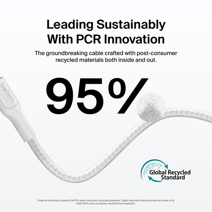 Belkin BoostCharge Pro Braided USB-C to USB-C Cable (1M) - White (CAB025fq1MWH), 5A/240W, 480Mbps, 350K+ Bend, USB-IF Certified, 2 Years Warranty - Image 3