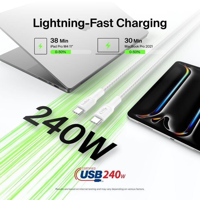 Belkin BoostCharge Pro Braided USB-C to USB-C Cable (3M) - White (CAB025fq3MWH), 5A/240W, 480Mbps, 350K+ Bend, USB-IF Certified, 2 Years Warranty - Image 2