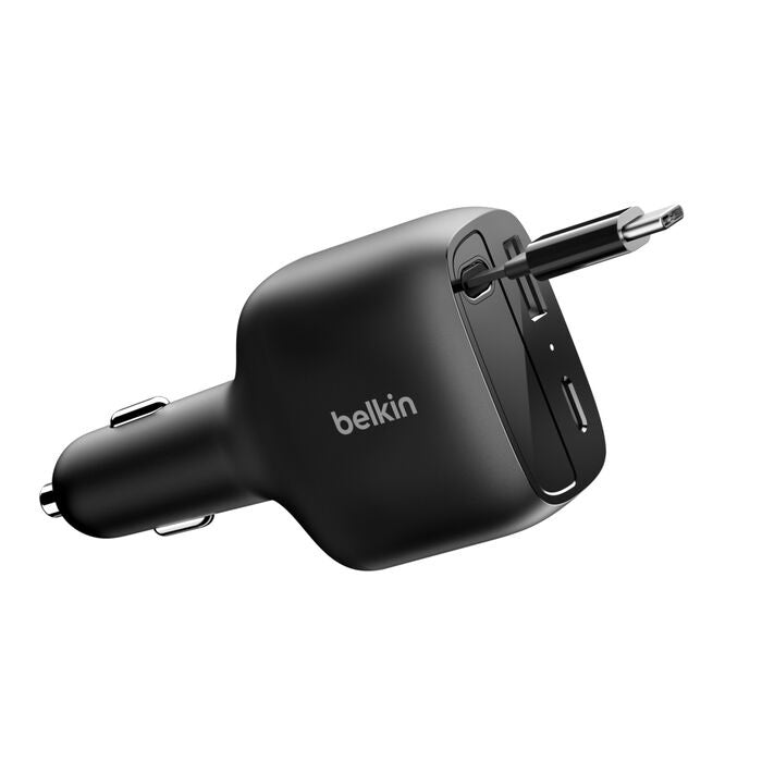 Belkin BoostCharge 75W Retractable Car Charger - Black (CCC001fqBK), Retractable Cable (75CM), 1x USB-A, 1x USB-C,$2500 CEW, 2 Years Warranty - Image 1