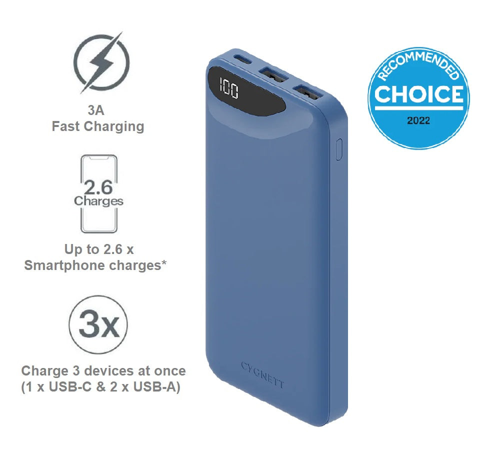 Cygnett ChargeUp Boost 3rd Gen 10K mAh Power Bank-Blue(CY4342PBCHE),1x USB-C(15W),2x USB-A(12W),15cm USB-C Cable, Charge 3 Devices, 2 Years Warran - Image 1