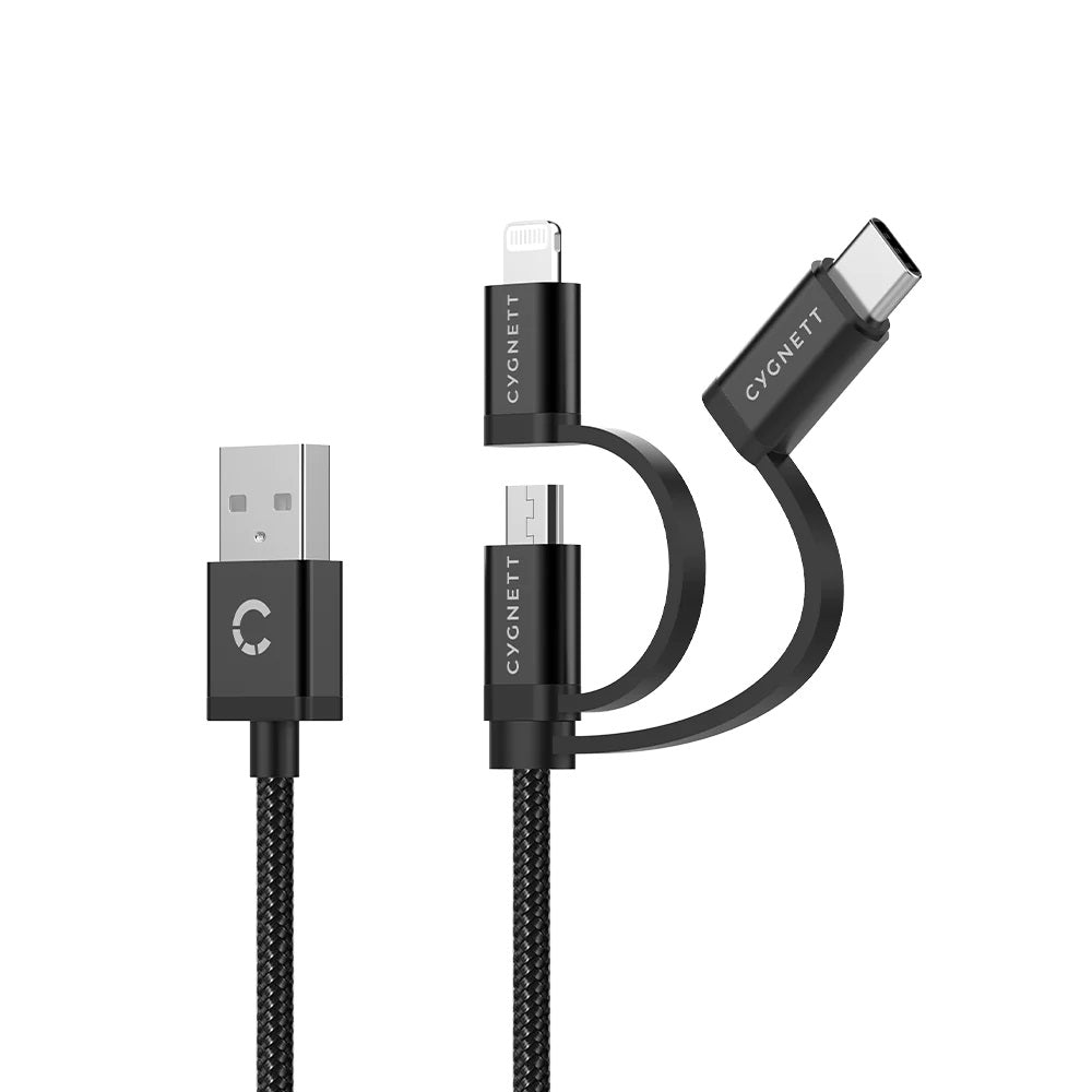 Cygnett Essentials 3-in-1 (USB-A to Lightning + USB-C + Micro-USB) Cable (1M) - Black (CY3571COCAB), 2.4A/12W, 480Mbps, 3x Connectors,2 Years Warranty - Image 2