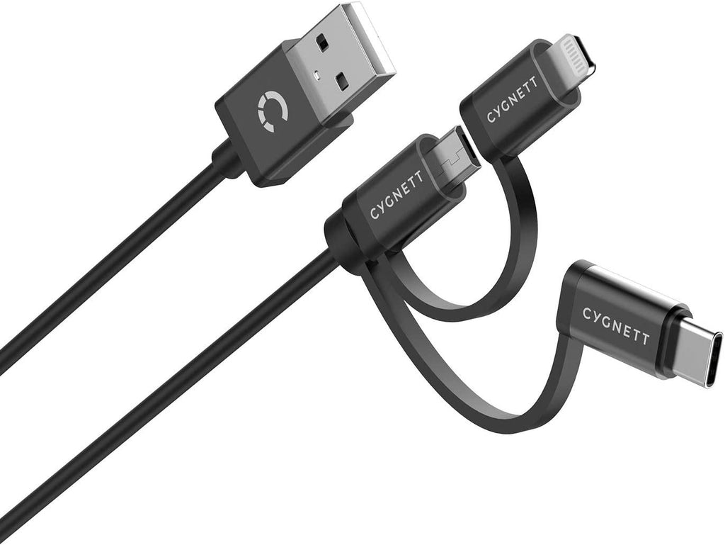 Cygnett Essentials 3-in-1 (USB-A to Lightning + USB-C + Micro-USB) Cable (1M) - Black (CY3571COCAB), 2.4A/12W, 480Mbps, 3x Connectors,2 Years Warranty - Image 4