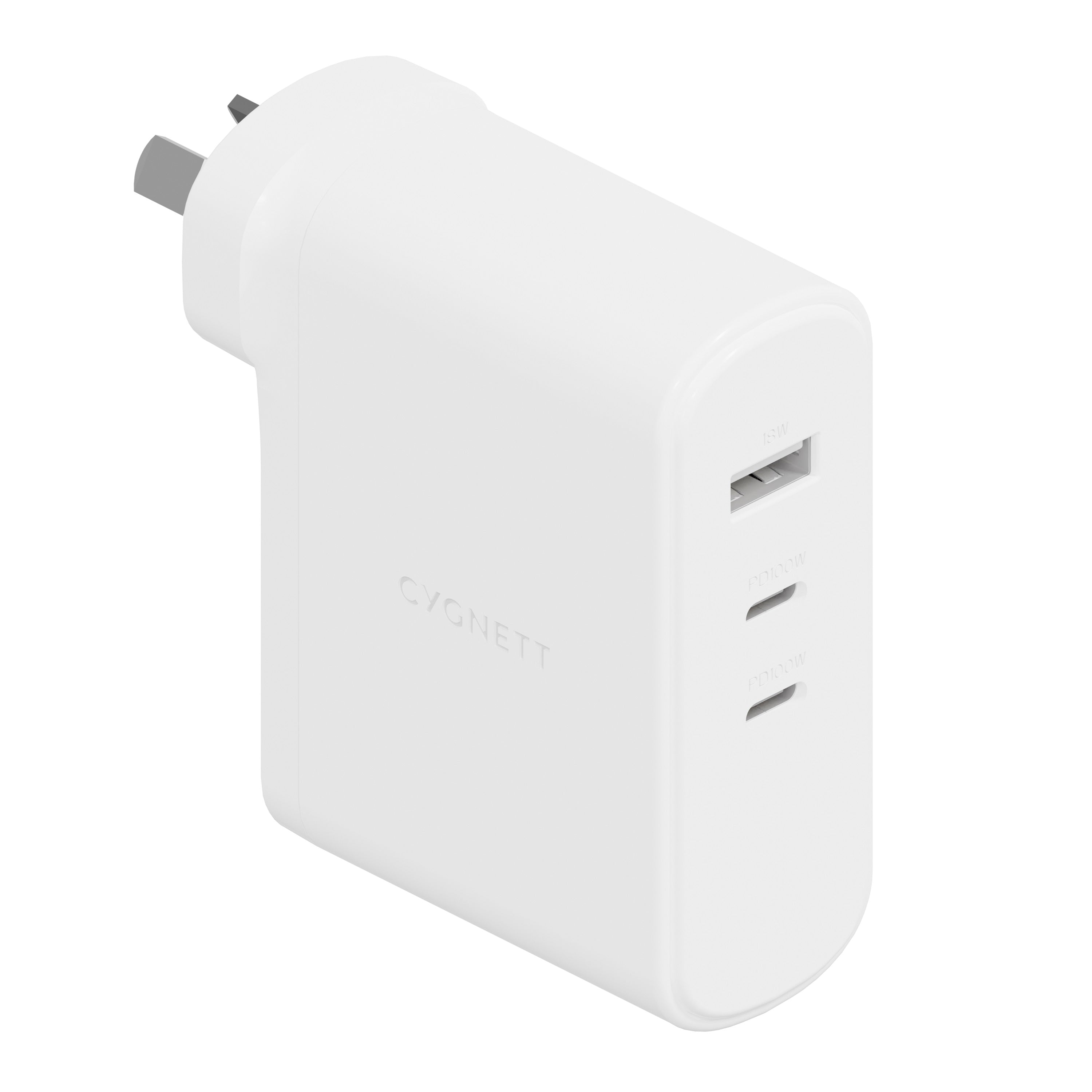 Cygnett PowerMaxx 100W Multiport GaN Wall Charger - White(CY4373PDWCH), 1x USB-A (18W),2x USB-C PD(100W),Chargex 3 Devices, 2 Years Warranty - Image 1