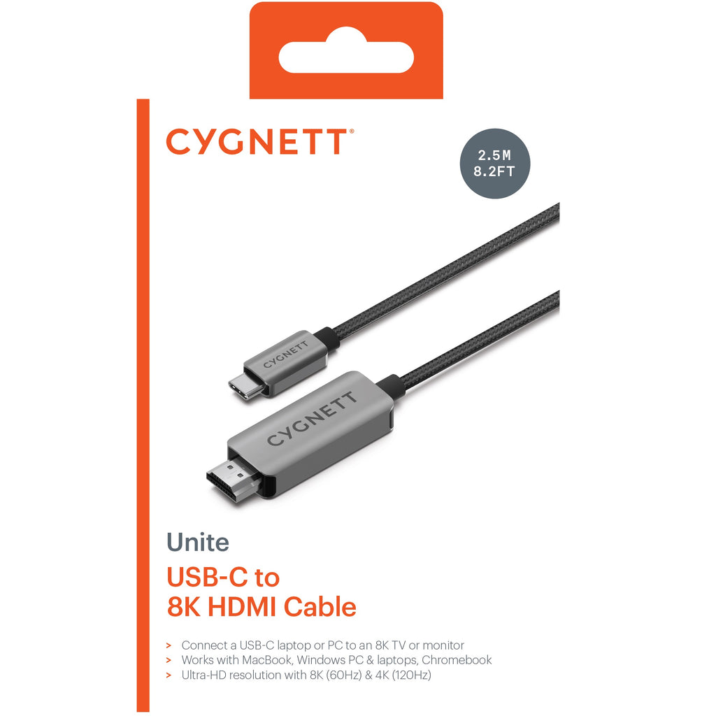 Cygnett Unite 8K USB-C to HDMI Cable (2.5M)-Black (CY4545CHDMI),Supports 8k/(60hz) & 4k(120hz) Works with MacBook/Windows PC/Laptops,2 Years Warranty - Image 3