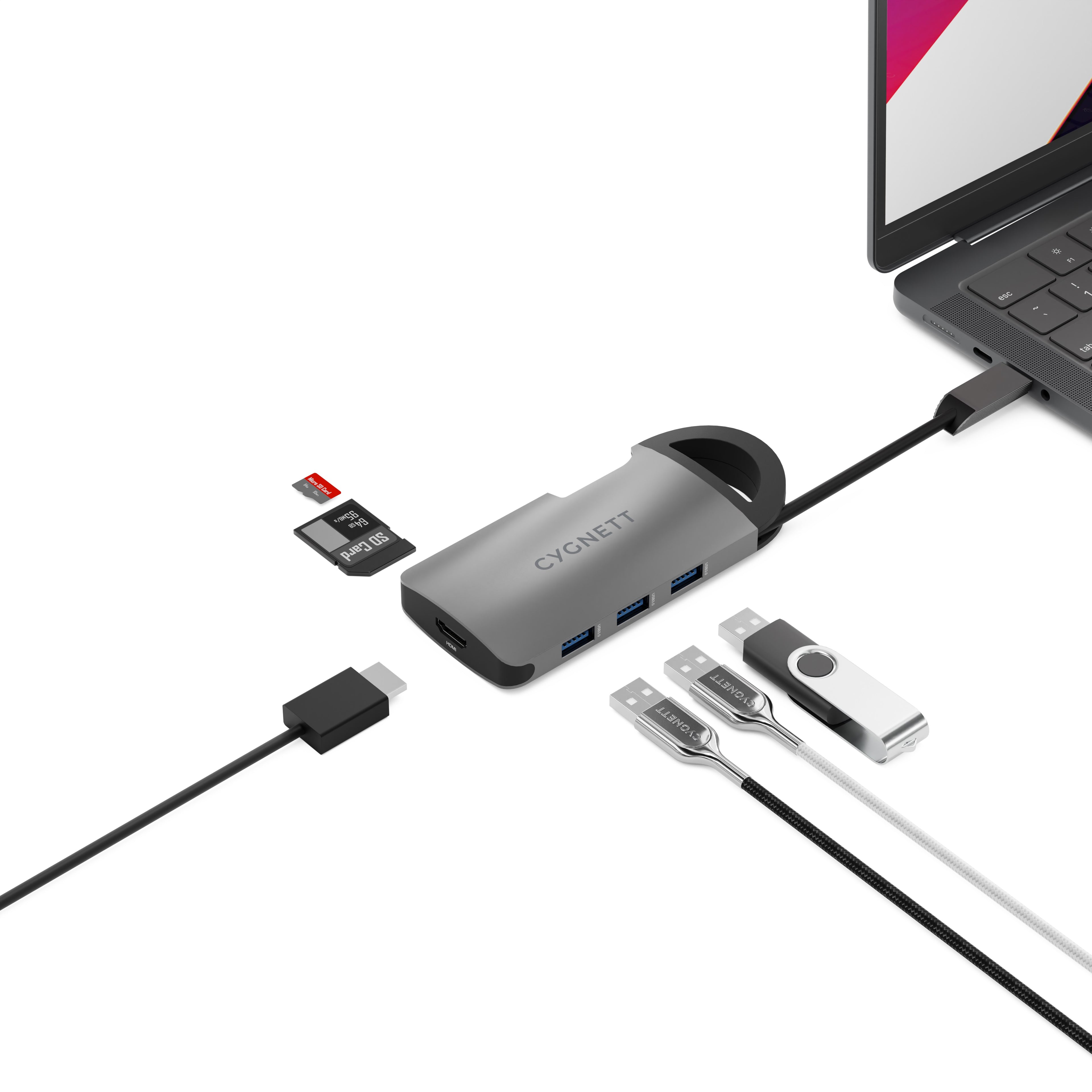 Cygnett Unite 7-in-1 USB-C Multiport Hub Adapter Dock (CY4550HUBC7)3xUSB-A (3.0, 5Gbps) 1xUSB-C(100W)1x4K HDMI (30Hz) 1xSD 1xMicro SD,2 Years Warranty - Image 5