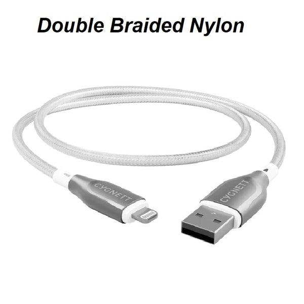 Cygnett Armoured Braided Lightning to USB-A (2.0) (1M) Cable - White (CY4659PCCAL), 2.5A/12W, 480Mbps, Turbo Charge, Apple iPhone, 5 Years Warranty
