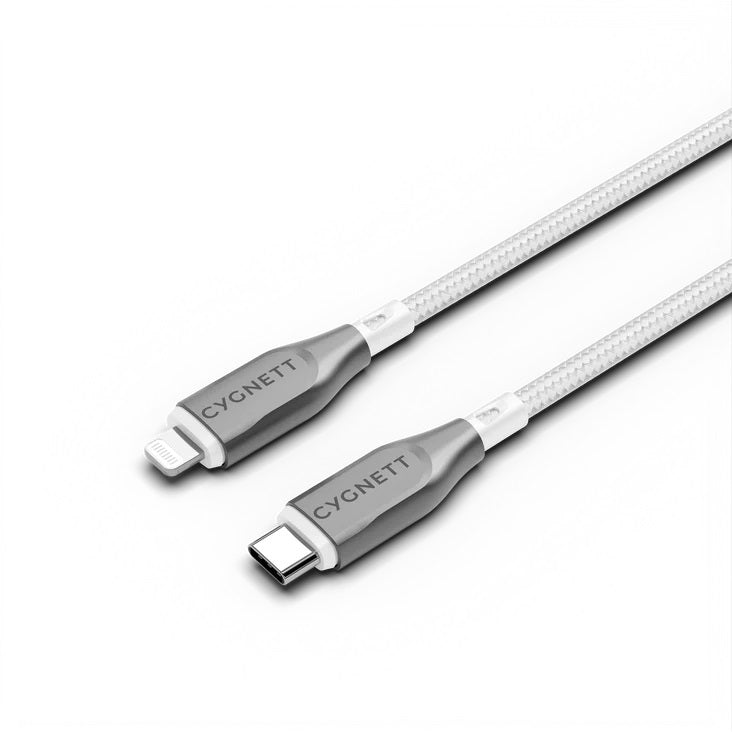 Cygnett Armoured Lightning to USB-C (2.0) Cable (1M) -White(CY4668PCCCL),30W,Braided, 480Mbps Transfer, Fast Charge iPhone/iPad, MFi, 5 Years Warranty - Image 1