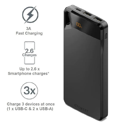 Cygnett ChargeUp Boost 4th Gen 10K mAh Power Bank-Black(CY4747PBCHE)Triple Port(Dual USB-A 15W+1xUSB-C 15W),15cm USB-C Cable,15W Max,2 Years Warranty - Image 1