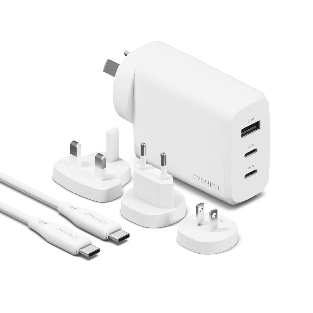 Cygnett Voyager 67W Multi-Port GaN Travel Wall Charger - White (CY4771PDWCH), 2x USB-C (67W), 1x USB-A (20W),1M USB-C to USB-C , 2 Years Warranty - Image 1
