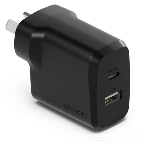 Cygnett PowerPlus 32W Dual Port (20W USB-C + 12W USB-A) PD Fast Wall Charger-Black(CY4773PDWCH),Palm-Size,Portable,Charge 2x Devices,2 Years Warranty - Image 1