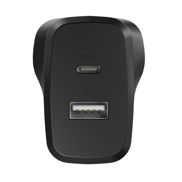 Cygnett PowerPlus 32W Dual Port (20W USB-C + 12W USB-A) PD Fast Wall Charger-Black(CY4773PDWCH),Palm-Size,Portable,Charge 2x Devices,2 Years Warranty