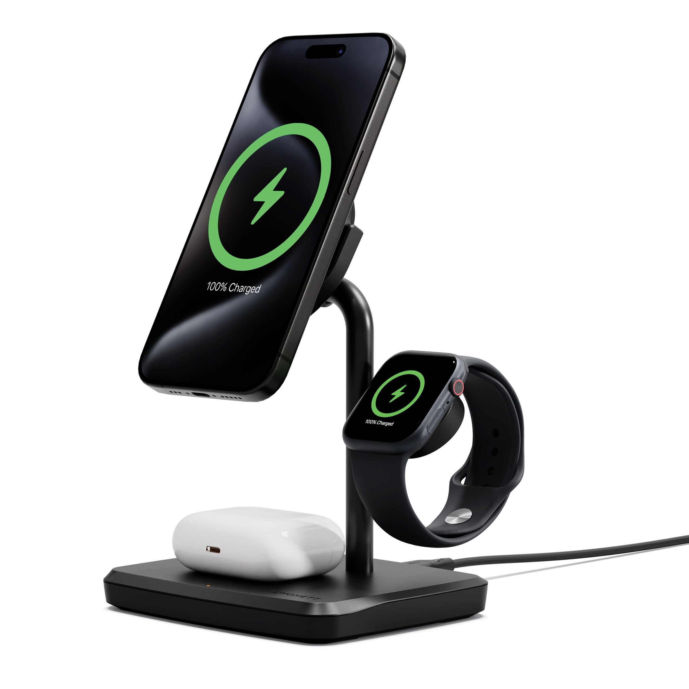 Cygnett ChargeBase Qi2 3-in-1 Magnetic 15W Wireless Charger-Black(CY5069BUNCP),1.2M USB-C Cable,5W Watch Charger, 180° Swivel Head,2 Years Warranty - Image 1