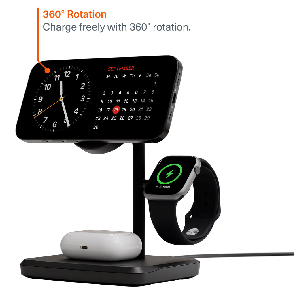 Cygnett ChargeBase Qi2 3-in-1 Magnetic 15W Wireless Charger-Black(CY5069BUNCP),1.2M USB-C Cable,5W Watch Charger, 180° Swivel Head,2 Years Warranty - Image 3