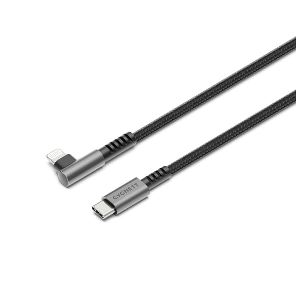 Cygnett Unite Right-Angle Lightning to USB C Cable (1M) - Black (CY5102PCCCL), 30W, Double Braided, 480Mbps Transfer, Fast Charge, 2 Years Warranty