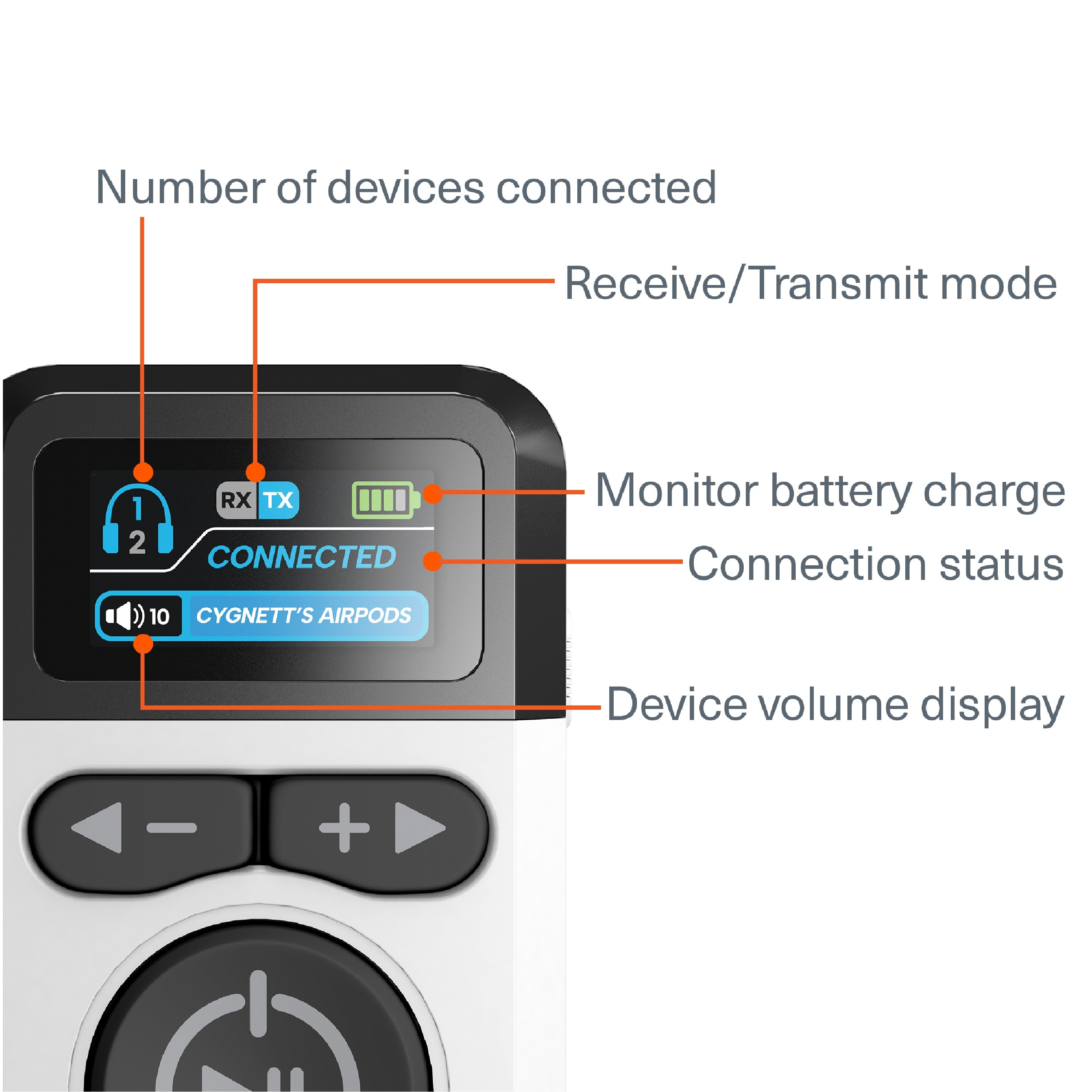 Cygnett Voyager Wireless Elite Audio Adapter - White (CY5164VOYAA), Detailed LCD display, 28+ hours of playtime,3.5mm Aux Cable, 2 Years Warranty - Image 3