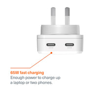 Cygnett ChargePlus 65W Dual Port GaN Slim Wall Charger - White (CY5488PDWCH), 2x USB-C, Portable & Lightweight, Laptop Charger, 2 Years Warranty - Image 2