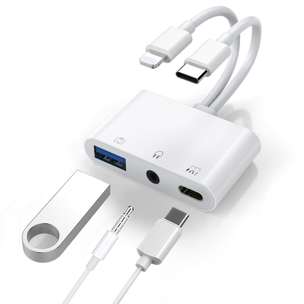 USP Lightning/USB-C to USB Adapter features a USB OTG Port, 3.5mm Headphone Jack & Fast-charging Port, 5 Years Warranty - Image 1