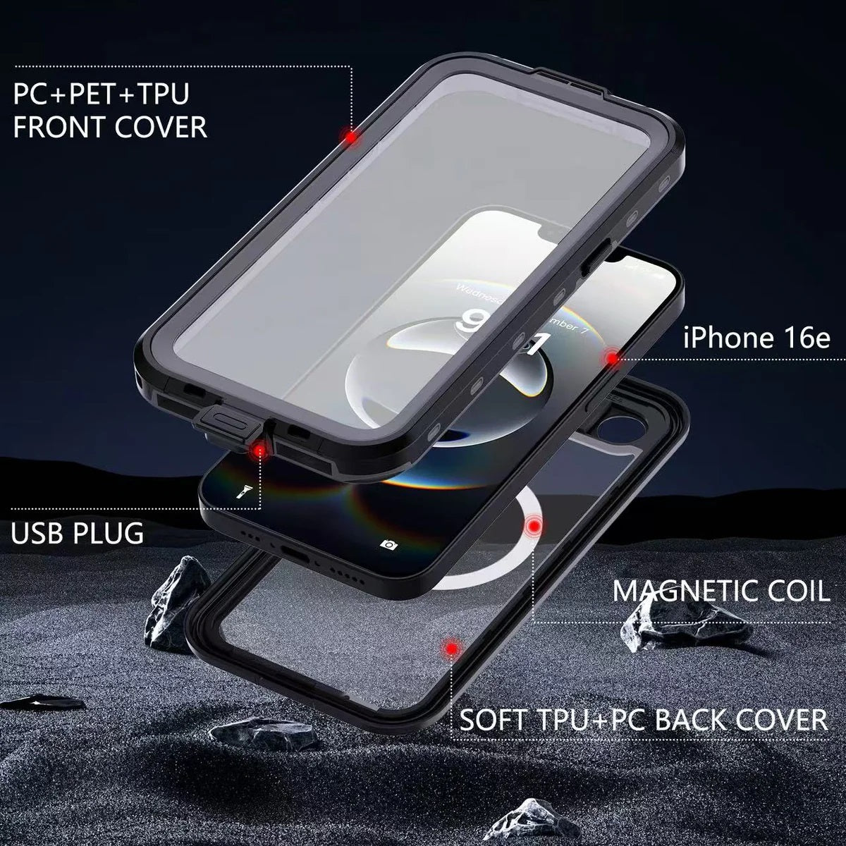 USP Apple  iPhone 17e / iPhone 16e (6.1") WaterProof Case Black - DROP+ Military Standard, Waterproof, Shockproof, DustProof , 5 Years Warranty - Image 2