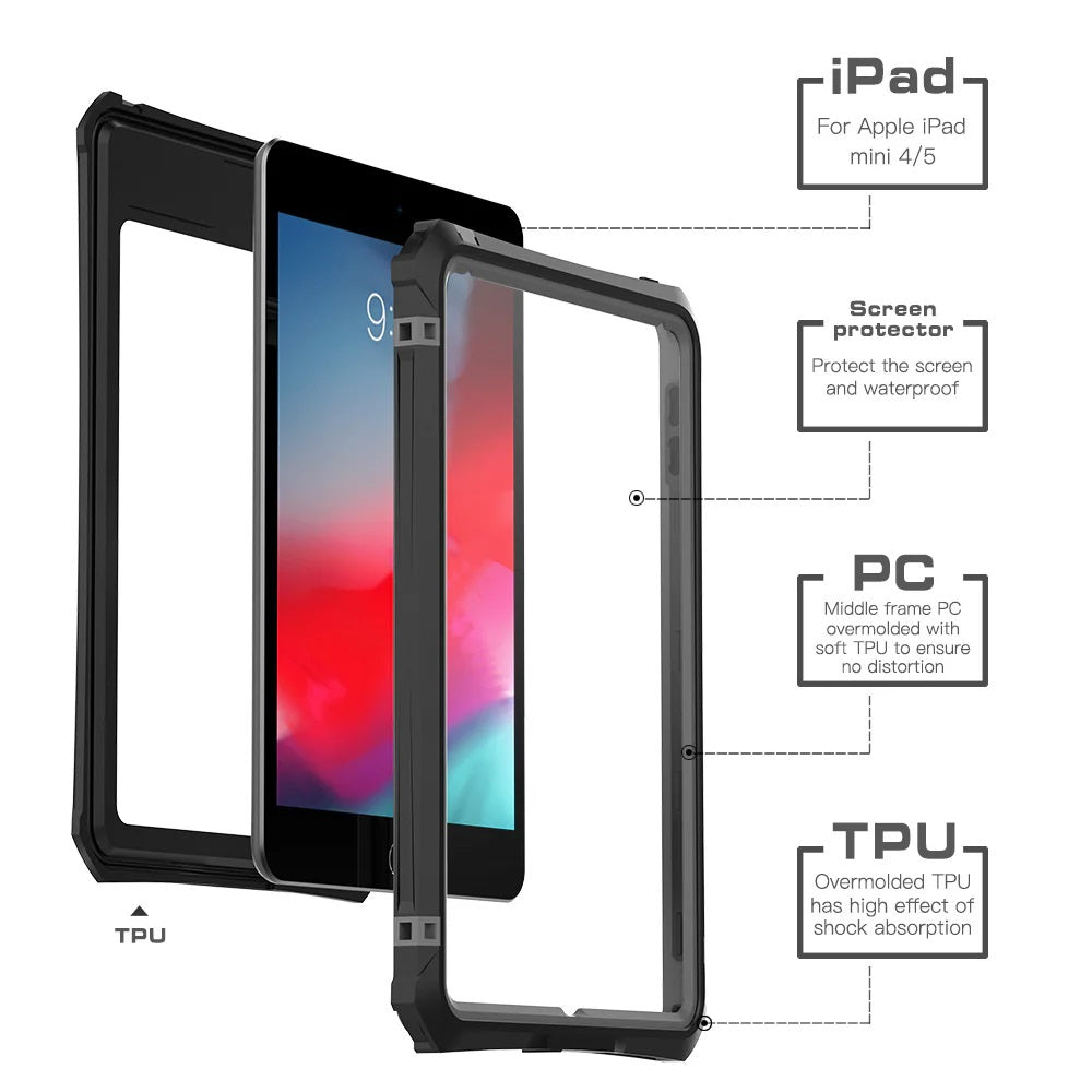 USP Apple iPad Mini (7.9") (5th/4th Gen) WaterProof Case Black - Support Smart Control Keyboard, 360° Rotation, DustProof, SnowProof, 5 Years Warranty - Image 3