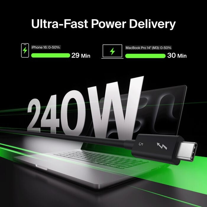 Belkin Connect Thunderbolt 5 USB-C to USB-C Cable (1M) - Black (INZ005fq1MBK), 5A/240W, 80Gbps, 8K or 4K@540Hz, Durable, 2 Years Warranty - Image 4