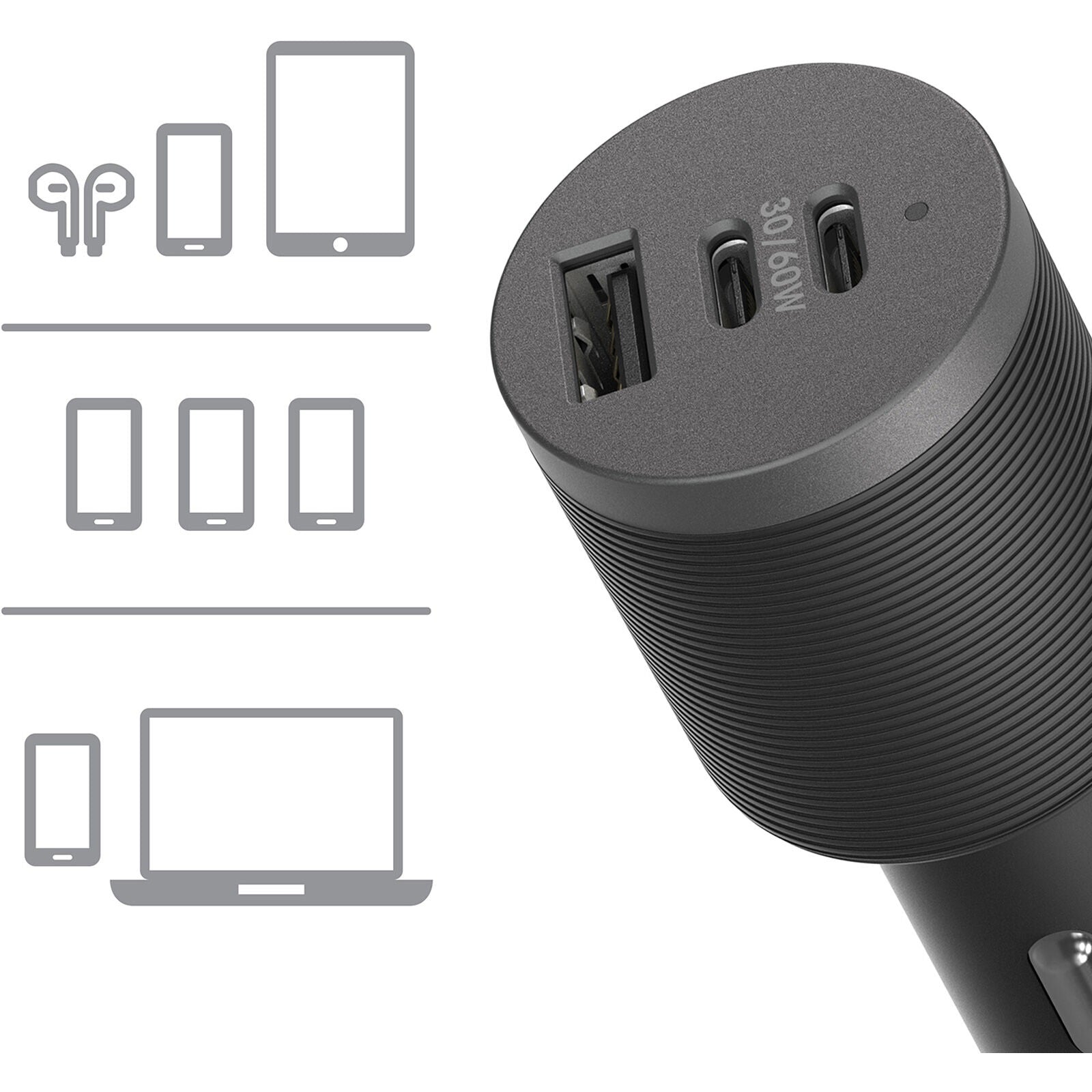OtterBox 72W USB-C Triple Port Premium Pro Fast Car Charger - Black (78-80899),1x USB-A (12W), 2x USB-C (30W),Fast-Charging for Samsung & iPhone - Image 5