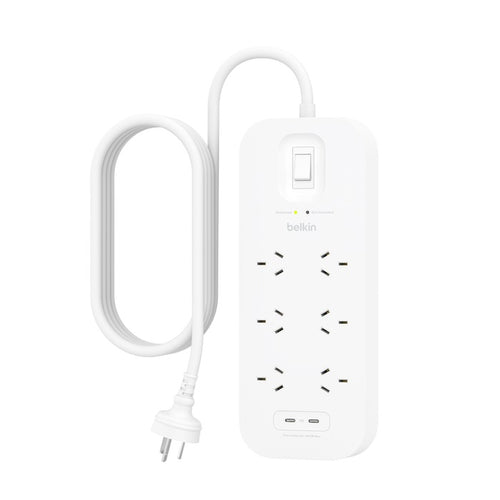 Belkin SurgePro 6-Outlet Surge Protector With Dual USB-C (30W) - White(SRB006AU2M), 2M Power Cord, 650 Joules, $50,000 CEW,  2 Years Warranty - Image 1