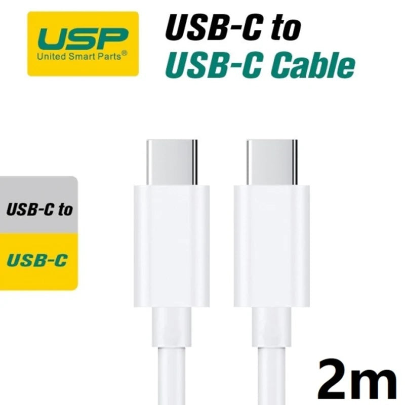 USP USB-C to USB-C Mini Cable (2M) - White, 3A (60W), Fast Charge, High Performance, Samsung Galaxy,Apple iPhone,iPad,MacBook,Google, 5 Years Warranty - Image 1