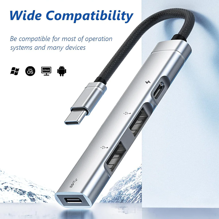 USP Multiport 4-in-1 Dual USB-C & Dual USB-A Hub - Silver, (2x USB-A), (2x USB-C), 1x USB-C PD Fast Charging, Braided Cable, 5 Years Warranty - Image 3