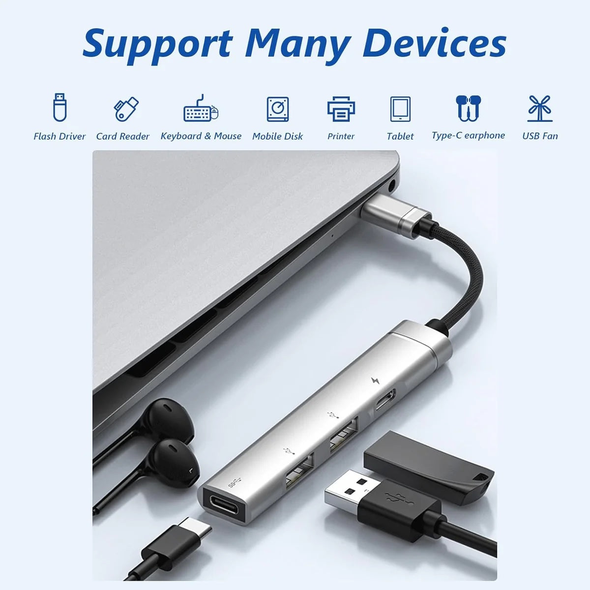 USP Multiport 4-in-1 Dual USB-C & Dual USB-A Hub - Silver, (2x USB-A), (2x USB-C), 1x USB-C PD Fast Charging, Braided Cable, 5 Years Warranty - Image 4