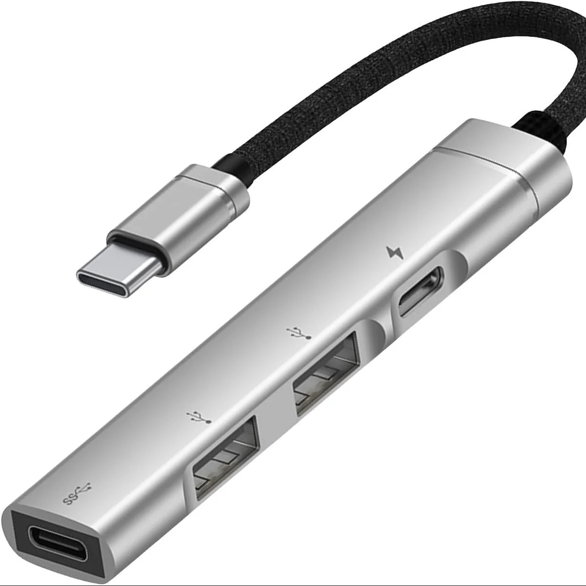 USP Multiport 4-in-1 Dual USB-C & Dual USB-A Hub - Silver, (2x USB-A), (2x USB-C), 1x USB-C PD Fast Charging, Braided Cable, 5 Years Warranty - Image 1