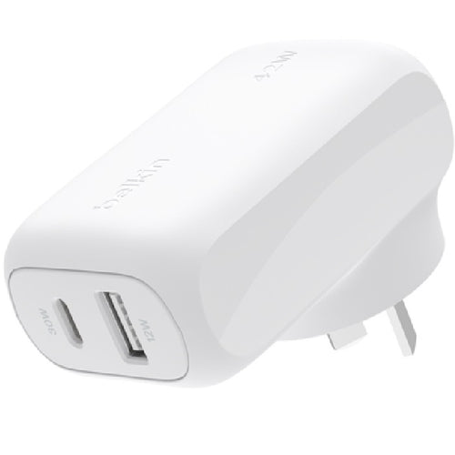 Belkin BoostCharge Dual Wall Charger 42W - White (WCB009auWH), 1xUSB-C (30W), 1xUSB-A (12W), Fast Charge, Travel Friendly, CEW $2500, 2 Years Warranty - Image 1