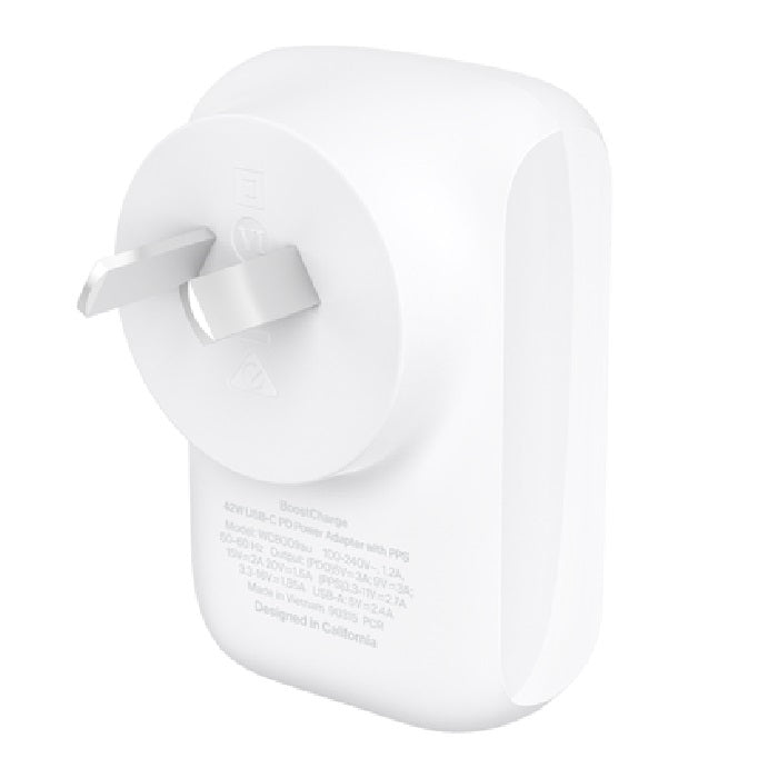 Belkin BoostCharge Dual Wall Charger 42W - White (WCB009auWH), 1xUSB-C (30W), 1xUSB-A (12W), Fast Charge, Travel Friendly, CEW $2500, 2 Years Warranty - Image 2