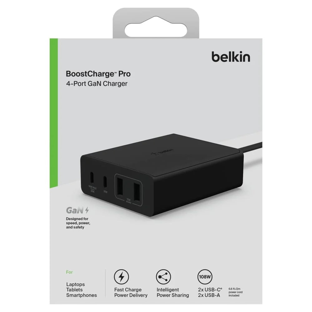 Belkin BoostCharge Pro 108W USB-C (PD 3.0) 4-Port GaN Wall Charger - Black (WCH010auBK), 2xUSB-C, 2xUSB-A, Compact Laptop Charger, 2 Years Warranty - Image 4