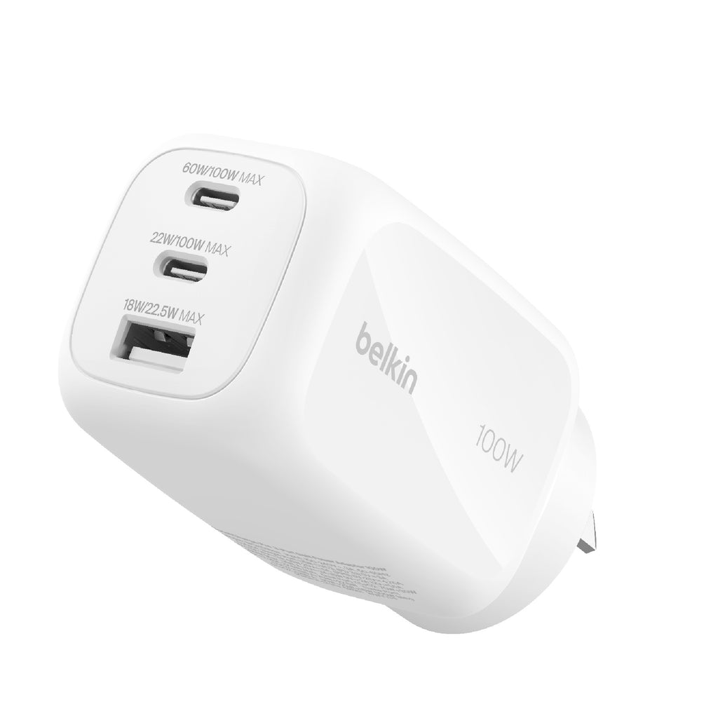 Belkin BoostCharge Pro 100W 3-Port GaN Wall Charger - White (WCH016AUWH), 2x USB-C, 1x USB-A, Compact Laptop Charger, CEW $2500, 2 Years Warranty - Image 2