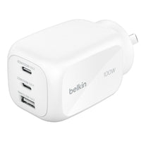 Belkin BoostCharge Pro 100W 3-Port GaN Wall Charger - White (WCH016AUWH), 2x USB-C, 1x USB-A, Compact Laptop Charger, CEW $2500, 2 Years Warranty - Image 1