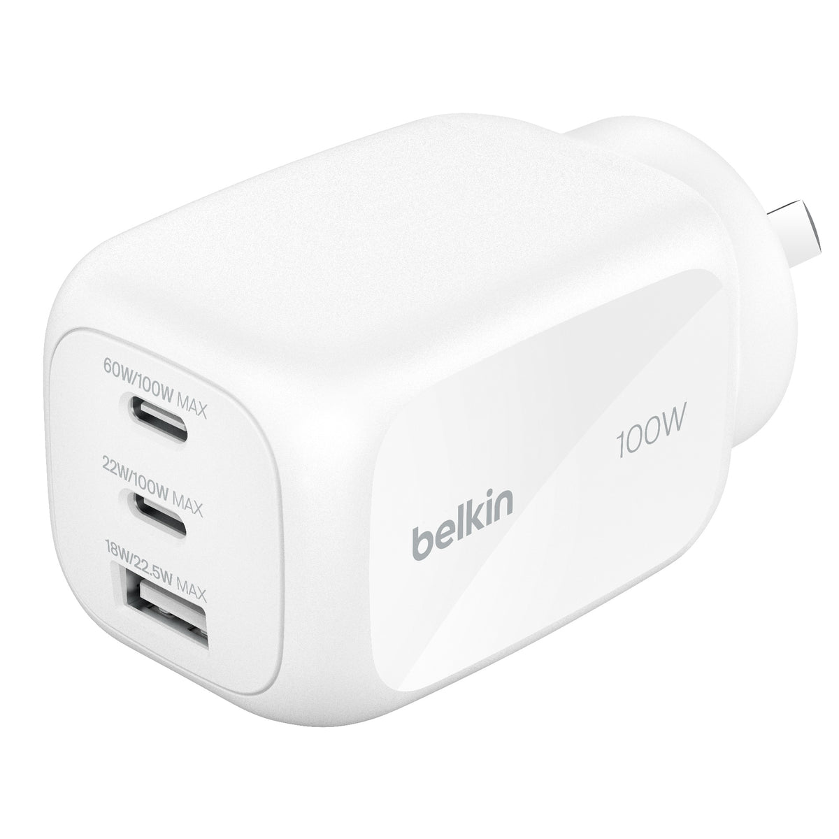 Belkin BoostCharge Pro 100W 3-Port GaN Wall Charger - White (WCH016AUWH), 2x USB-C, 1x USB-A, Compact Laptop Charger, $2500 CEW , 2 Years Warranty - Image 1