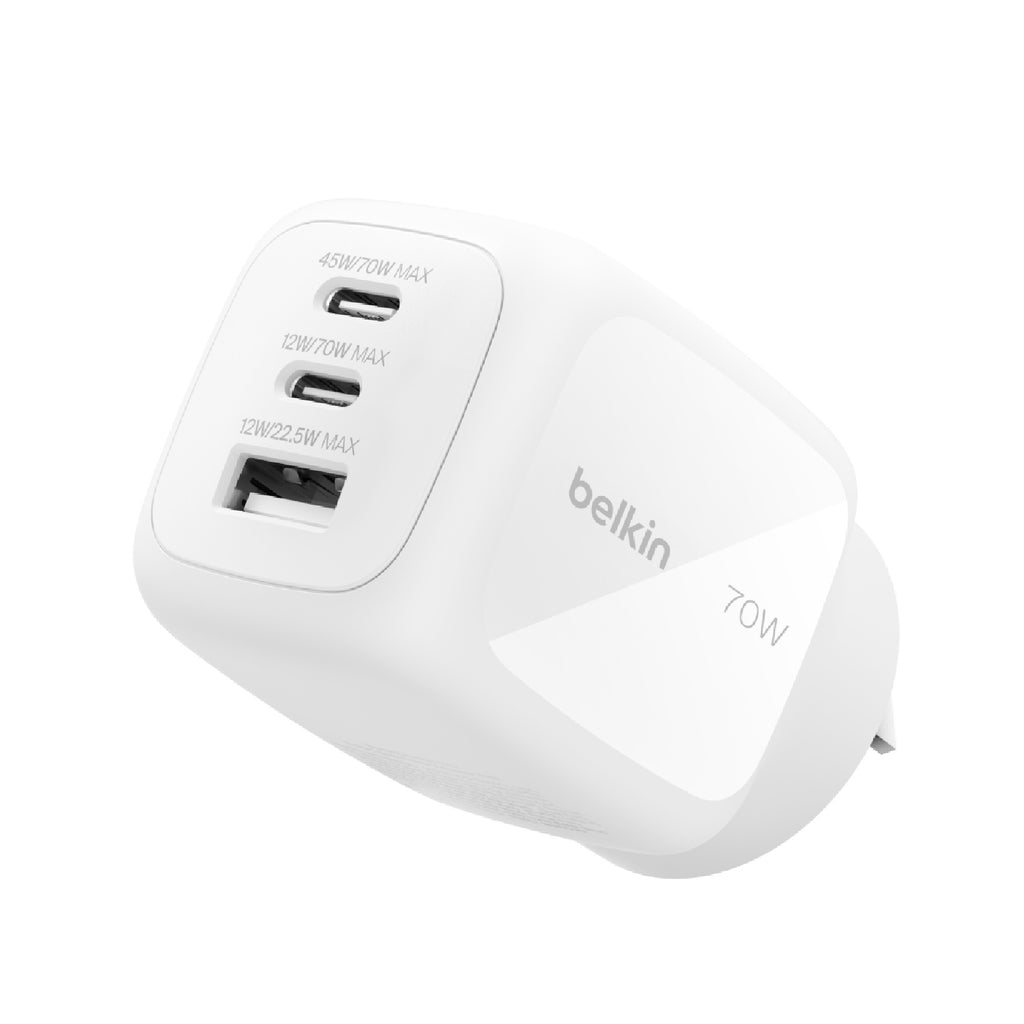 Belkin BoostCharge Pro 70W 3-Port GaN Wall Charger - White (WCH018AUWH), Compact & Powerful, Laptop Charger, Travel-Ready, $2500 CEW,2 Years Warranty - Image 4