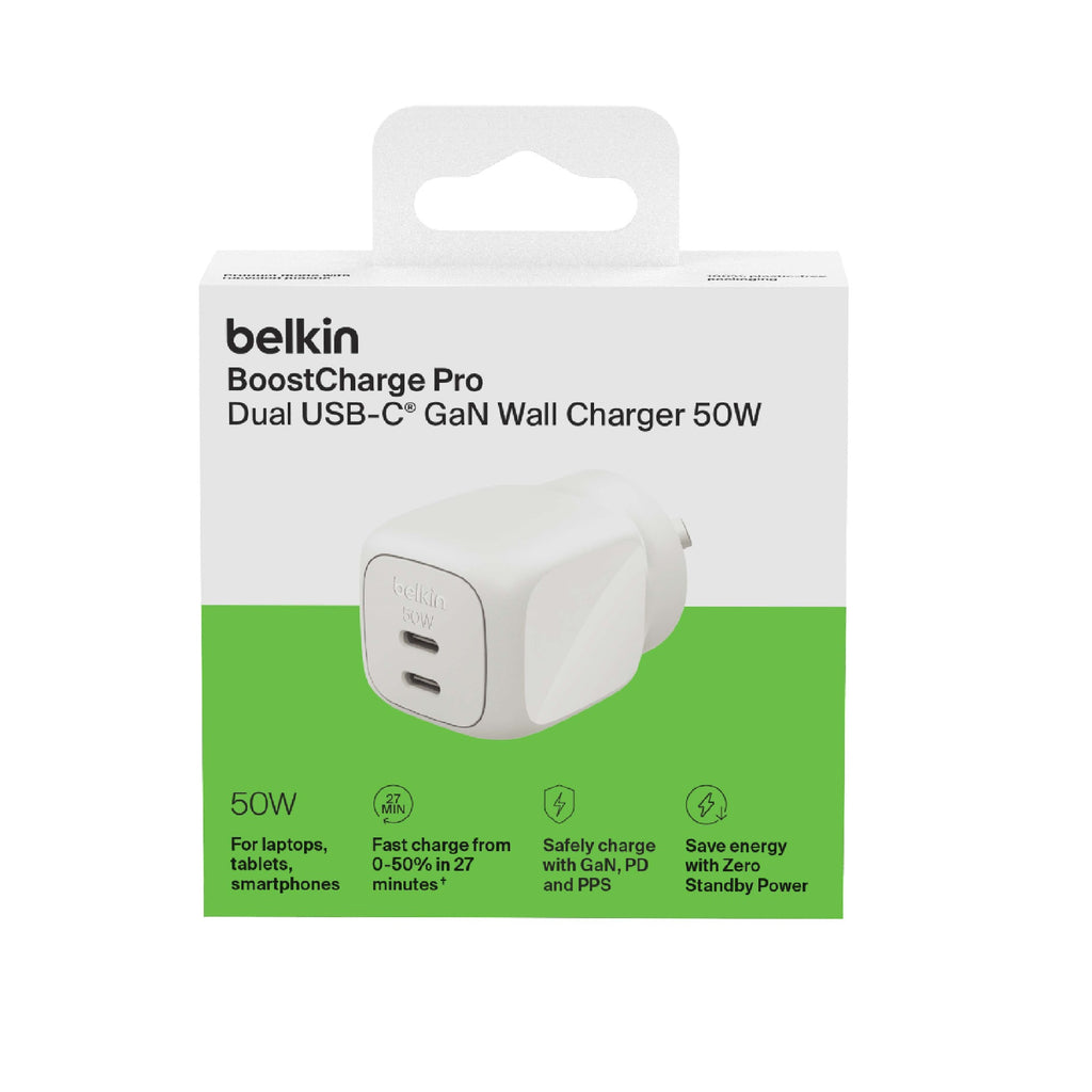 Belkin BoostCharge Pro 50W Dual USB-C GaN Wall Charger - White (WCH019AUWH), Compact Laptop Charger, Travel-Ready, CEW $2500, 2 Years Warranty - Image 2