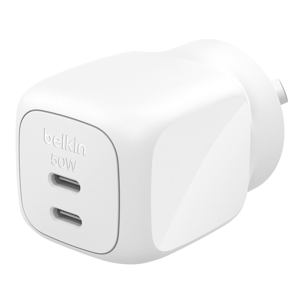 Belkin BoostCharge Pro 50W Dual USB-C GaN Wall Charger - White (WCH019AUWH), Compact Laptop Charger, Travel-Ready, $2500 CEW, 2 Years Warranty - Image 3