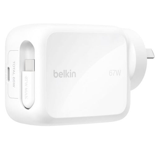 Belkin UltraCharge Retractable Dual 67W USB-C GaN Wall Charger - White(WCH022auWH),1xUSB-C,1x Retractable USB-C Cable(1M),$2,500 CEW, 2 Years Warranty - Image 1