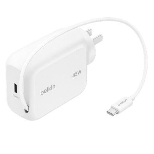 Belkin UltraCharge Retractable 45W USB-C GaN Wall Charger - White(WCH023auWH),1x USB-C, 1x Retractable USB-C Cable,$2500 CEW, 2 Years Warranty - Image 2