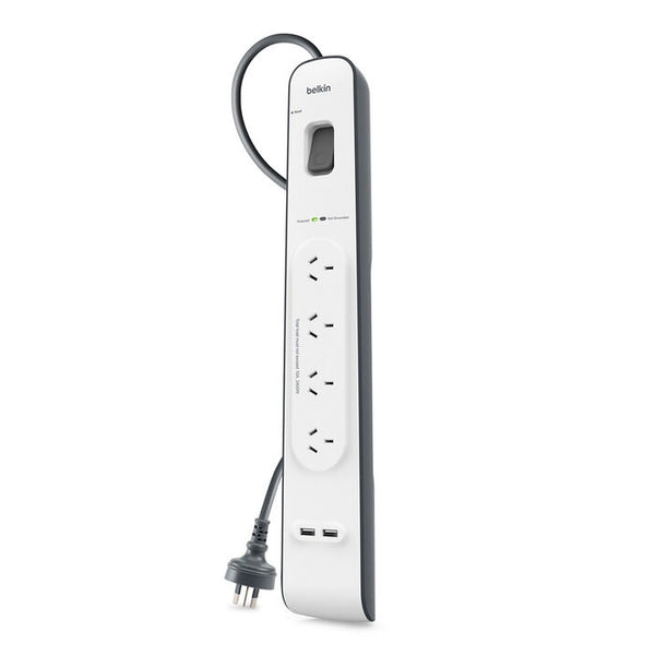 Belkin SurgePlus 4-Outlet Surge Protector With 2x USB Port 2.4 Amp (BSV401au2M) - Heavy Duty 2M Power Cord, 525 Joules, $20000 CEW,  2 Years Warranty
