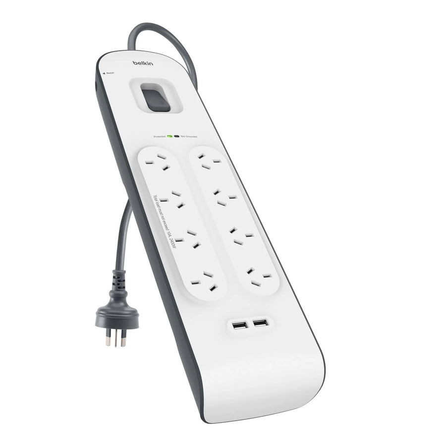 Belkin SurgePlus 8-Outlet Surge Protector With 2x USB Port 2.4 Amp (BSV804au2M) - Heavy Duty 2M Power Cord, 900 Joules, $50000 CEW,  2 Years Warranty