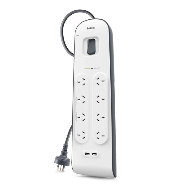 Belkin SurgePlus 8-Outlet Surge Protector With 2x USB Port 2.4 Amp (BSV804au2M) - Heavy Duty 2M Power Cord, 900 Joules, $50000 CEW,  2 Years Warranty