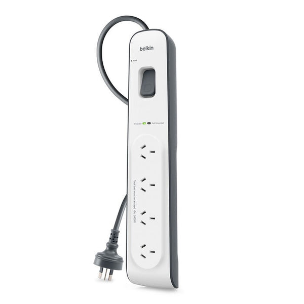 Belkin SurgeMaster 4-Outlet Surge Protection Strip - White/Grey (BSV400au2M), 2M Power Cord, 525 Joules Protection, CEW $20,000, 2 Years Warranty