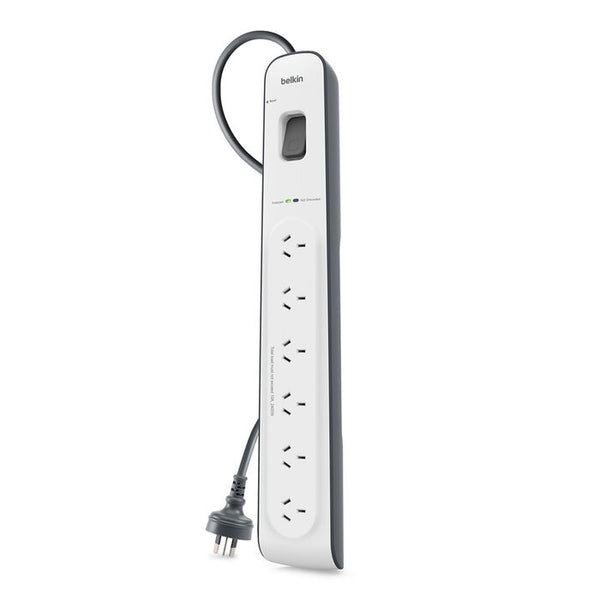 Belkin SurgeMaster 6-Outlet Surge Protection Strip - White/Grey (BSV603au2M), 2M Power Cord, 650 Joules Protection, CEW $30,000, 2 Years Warranty