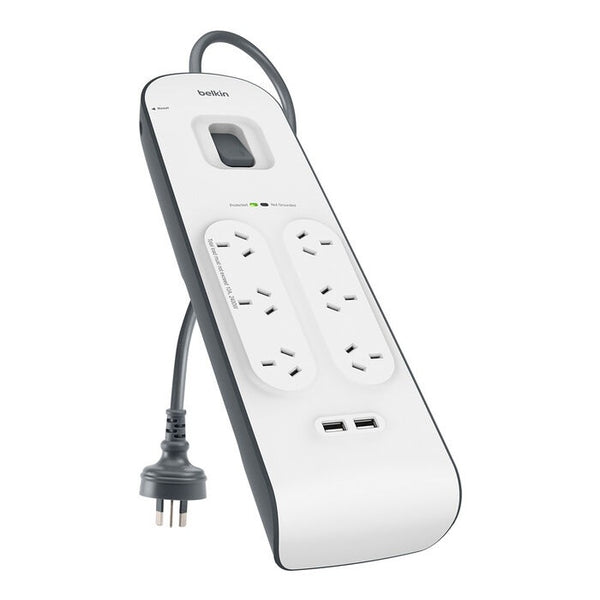 Belkin SurgePlus 6-Outlet Surge Protector With 2x USB Port 2.4 Amp (BSV604au2M) - Heavy Duty 2M Power Cord, 650 Joules, $30000 CEW,  2 Years Warranty